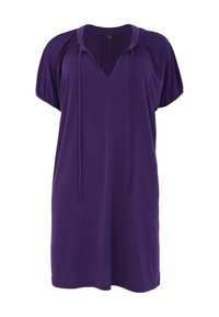 Lila kurzes Kleid mit kurzen Ärmeln und V-Ausschnitt, weichem Stoff, gerafften Schultern und Kordelzugdetails am Ausschnitt. Schlichte, lockere Passform.