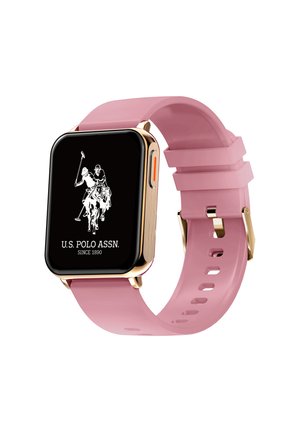 Smartwatch con cinturino in silicone rosa, cassa dorata, schermo rettangolare che mostra il logo U.S. Polo Assn. con due giocatori di polo a cavallo.