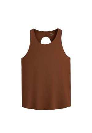 Canotta marrone senza maniche con scollo rotondo e piccolo foro a goccia sulla parte superiore della schiena, realizzata in tessuto liscio.