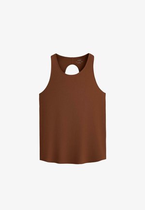 Canotta marrone senza maniche con scollo rotondo e piccolo foro a goccia sulla parte superiore della schiena, realizzata in tessuto liscio.