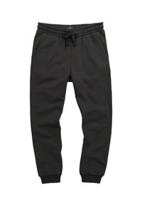 Zwarte joggingbroek met elastische tailleband, trekkoord, zijzakken en geribbelde boorden, plat gelegd op een witte achtergrond.