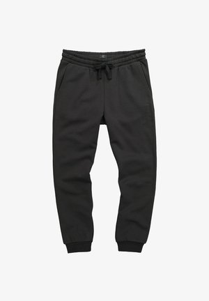 Černé teplákové kalhoty z měkké látky s elastickým pasem, nastavitelným šňůrkovým zavazováním, dvěma bočními kapsami a přiléhavými manžetami.