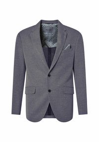 Grauer Blazer aus strukturiertem Stoff mit zwei Fronttaschen, einer einfachen Knopfschließe und einem gemusterten Innenfutter. Inklusive Einstecktuch.