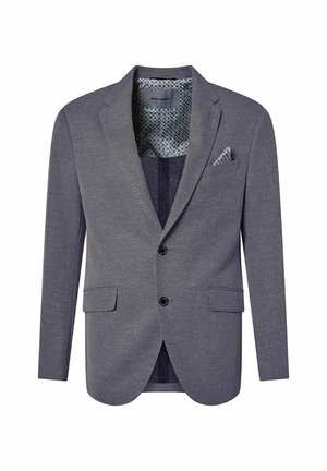 Blazer gris en tissu texturé avec deux poches avant, fermeture à un bouton et doublure intérieure à motifs. Inclus un mouchoir de poche.