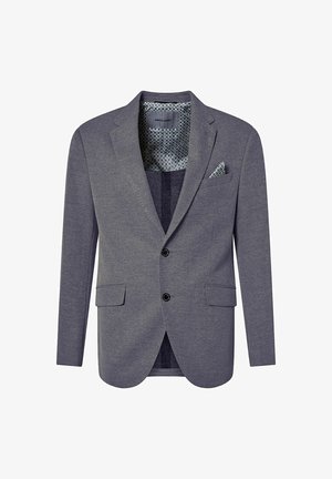 Grauer Blazer aus strukturiertem Stoff mit zwei Fronttaschen, einer einfachen Knopfschließe und einem gemusterten Innenfutter. Inklusive Einstecktuch.