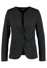 Svart kavaj med en åtsittande design, enkla knappstängning, två framfickor och axelpassform. Tillverkad av ett slätt tyg.