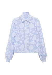 Blouse bleu clair avec un motif floral. Elle a un col pointu, des manches longues et un design court. Des rayures verticales sont visibles dans la texture du tissu.