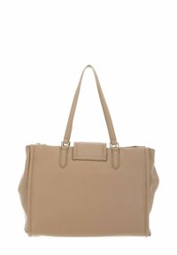 Sac à main beige en simili cuir lisse, avec deux bretelles pour l'épaule et une fermeture à rabat magnétique sur le devant. Design minimaliste, sans motifs visibles.