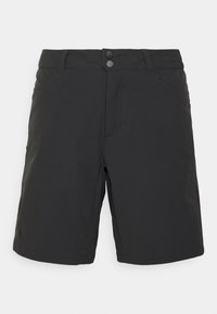 Pantalones cortos negros confeccionados con una tela ligera, con frente plano, dos botones y bolsillos laterales. Se aprecian detalles de costuras a lo largo de los lados.