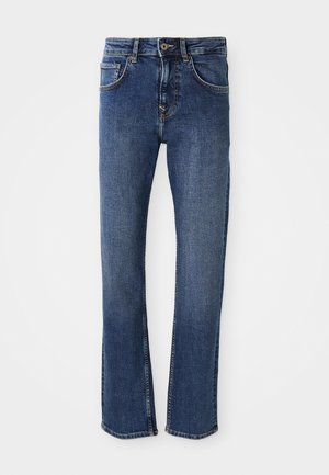 Jasnoniebieskie dżinsy denimowe o prostym kroju, pięcioma kieszeniami i metalowym zapięciem. Posiadają subtelne przeszycia oraz gładką fakturę.