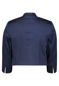 Navy blue cropped blazer with a structured design, featuring long sleeves, side slits, and a smooth, textured fabric.