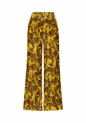 Wide-leg trousers in yellow fabric, featuring a floral pattern in brown. Elasticated waistband; soft texture and relaxed fit.