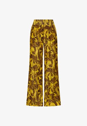 Wide-leg trousers in yellow fabric, featuring a floral pattern in brown. Elasticated waistband; soft texture and relaxed fit.