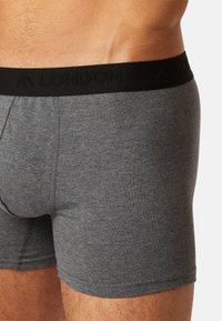 Gray boxer briefs made of soft fabric, featuring a black elastic waistband with "LONDON" embossed. Close-up view of the side design.