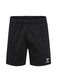 Pantalones cortos deportivos negros hechos de tela ligera, con una cintura elástica y un pequeño logo blanco en la parte inferior izquierda.