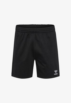 Czarne, sportowe spodenki z lekkiego materiału, z elastycznym pasem i małym białym logo na dolnej lewej stronie.