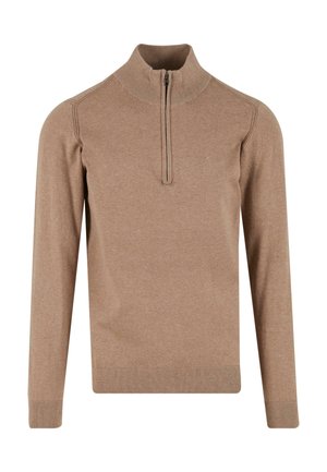 Brun langærmet strikketrøje med halvdelen lynlås krave og ribbede manchetter og kant, vist på en hvid baggrund.