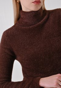 Maglione marrone a collo alto finto in filato morbido e strutturato con finitura scintillante. Maniche lunghe con polsini aderenti. Design accogliente e caldo.