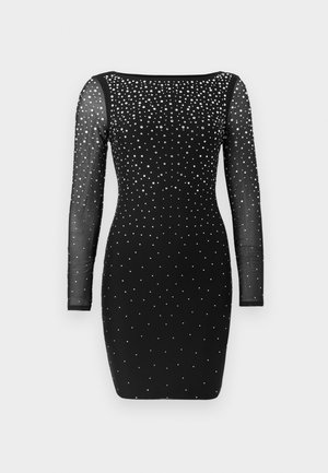 Schwarzes figurbetontes Minikleid mit durchscheinenden langen Ärmeln, verziert mit verstreuten kleinen weißen Strasssteinen oder Perlen.