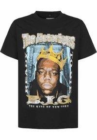 Black cotton t-shirt featuring a graphic print of a man with a crown and gold text reading "The Notorious B.I.G. Ready to Die."