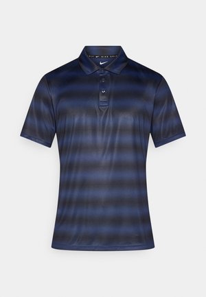 Marineblaues Poloshirt mit horizontalen Streifen, kurzen Ärmeln, einer Knopfleiste mit drei Knöpfen und einem glatten, leichten Stoff. Nike-Logo am Kragen.