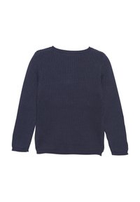 Maglione lavorato a maglia blu navy con maniche lunghe, scollo rotondo e costina testurizzata. Presenta un design semplice e solido senza decorazioni.