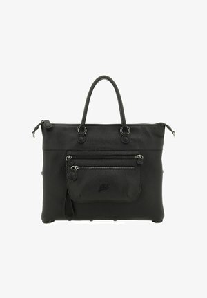 Sac fourre-tout en cuir noir avec surface texturée, double poignée supérieure, poche zippée à l'avant et accents en métal argenté. Base plate pour la stabilité.