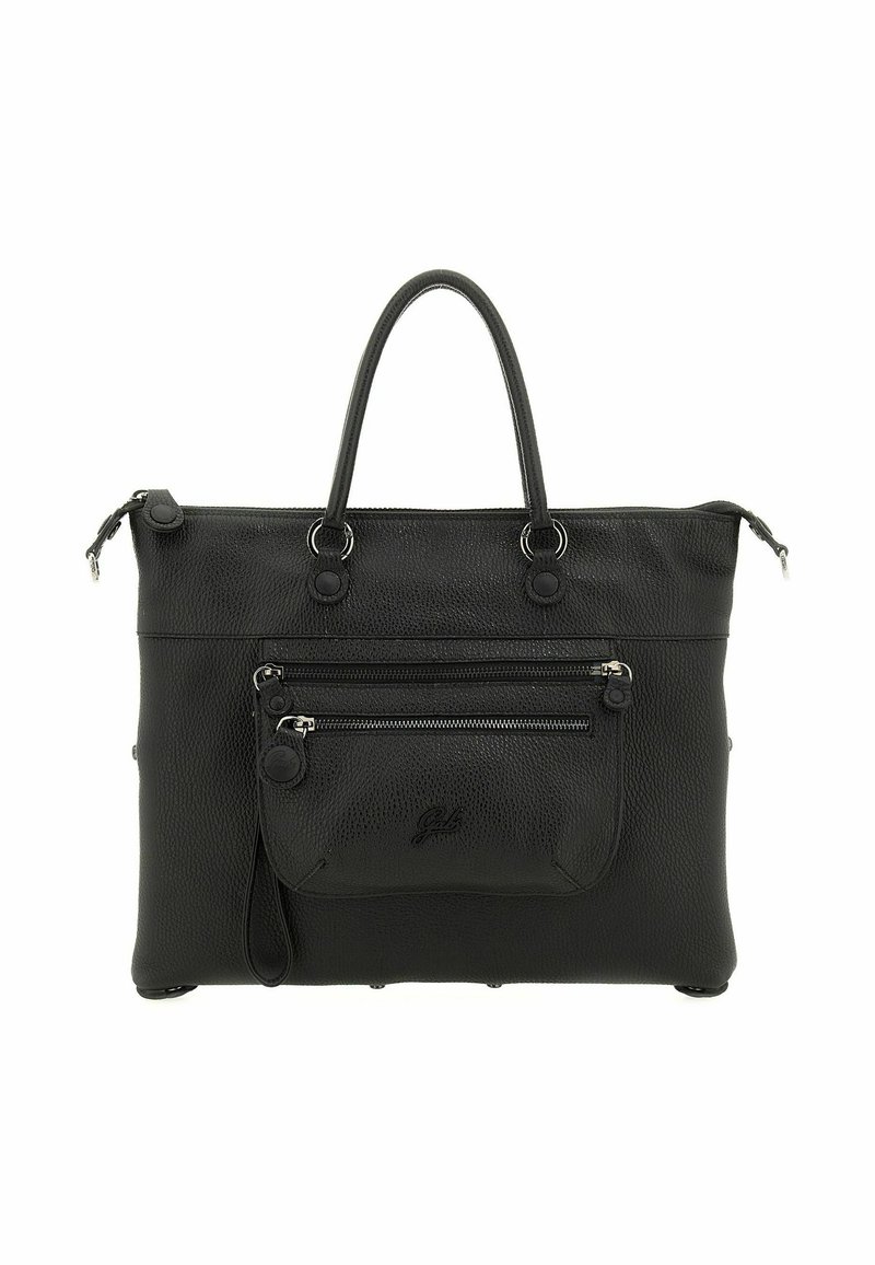 Borsa tote in pelle nera con superficie testurizzata, doppie maniglie superiori, tasca frontale con zip e dettagli in metallo argentato. Base piatta per stabilità.