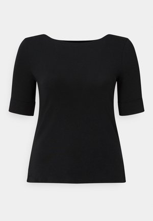 Melns īsroku tops ar laivas formas izgriezumu, izgatavots no mīkstas elastīgas auduma, ar uzlocītiem aproču galiem un taisnu apakšmalu.