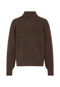 Pull marron à manches longues en maille avec un col montant côtelé et des poignets côtelés, vu de dos sur un fond blanc uni.