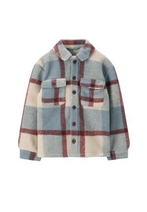 Veste en polaire à boutons avec un motif à carreaux bleu, crème et bordeaux, col points, deux poches poitrine et boutons marron.