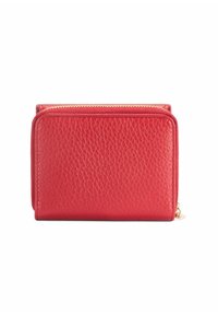 Czerwony skórzany portfel o teksturowanym wykończeniu, z zamknięciem na złoty zamek i zaokrąglonymi rogami. Kompaktowy design ułatwiający przechowywanie.