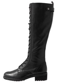 Knähöga svarta läderstövlar med snörning framtill, brogue-detaljer och strukturerad sula. Inkluderar en sidrem och metallaccent.