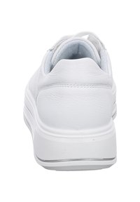 Sneaker en cuir blanc vu de l'arrière, montrant le col rembourré, les détails de couture et la semelle en caoutchouc texturé.