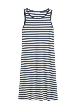 Pasiasta sukienka bez rękawów w kolorze granatowym i białym. Miękka tkanina, okrągły dekolt, luźny krój, długość do kolan z prostym wykończeniem.