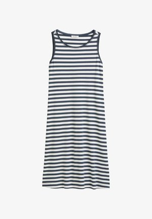 Pasiasta sukienka bez rękawów w kolorze granatowym i białym. Miękka tkanina, okrągły dekolt, luźny krój, długość do kolan z prostym wykończeniem.