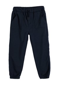 Donkerblauwe sweatpants van zacht katoen, met een elastische tailleband, twee voorzakken en tapering bij de enkels.