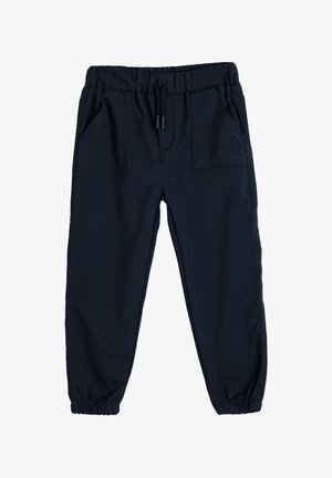 Pantalons de survêtement bleu marine en coton doux, dotés d'une taille élastique, de deux poches avant et de bas resserrés aux chevilles.