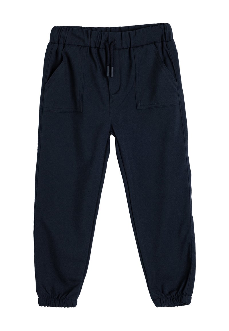 Donkerblauwe sweatpants van zacht katoen, met een elastische tailleband, twee voorzakken en tapering bij de enkels.