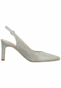 Chaussure à talon haut argentée avec sangle arrière, bout pointu, dessus en tissu texturé et finition lisse sur le talon. Bride de cheville réglable.