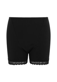 Mustat lyhyet housut, jotka on valmistettu sileästä kankaasta ja joissa on pitsireunus helman skaalatulla reunalla. Yksinkertainen ja tiukka malli.