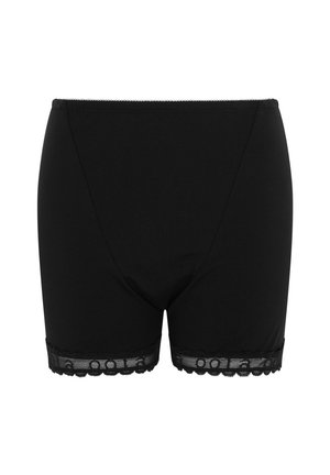 Mustat lyhyet housut, jotka on valmistettu sileästä kankaasta ja joissa on pitsireunus helman skaalatulla reunalla. Yksinkertainen ja tiukka malli.