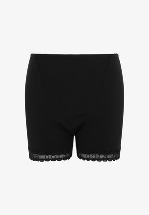 Mustat lyhyet housut, jotka on valmistettu sileästä kankaasta ja joissa on pitsireunus helman skaalatulla reunalla. Yksinkertainen ja tiukka malli.