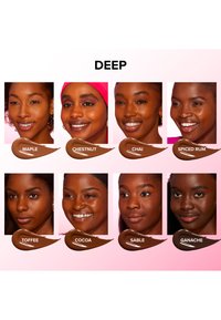 Deep foundation shades displayed on diverse skin tones include Maple, Chestnut, Chai, Spiced Rum, Toffee, Cocoa, Sable, Ganache.
