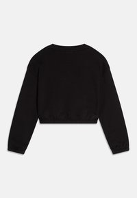 Sudadera negra recortada con mangas largas, cuello redondo acanalado y cintura elástica. Hecha de material suave con una textura lisa.