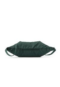 Grüner Stoffbeutel mit schlanker, länglicher Form. Verfügt über einen Reißverschluss und einen seitlichen Griff für einfaches Tragen.