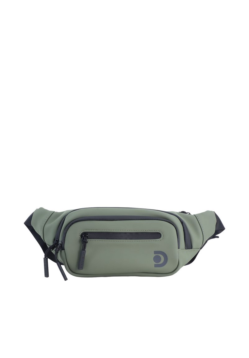Marsupio sintetico verde dal design elegante, con una tasca frontale con zip, spallacci regolabili e un logo in evidenza.