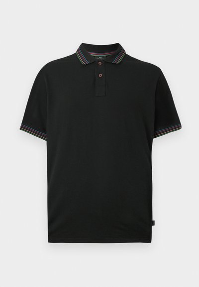Black polo shirt with two buttons, featuring multicolored striped trim on collar and sleeve cuffs, displayed on a white background.