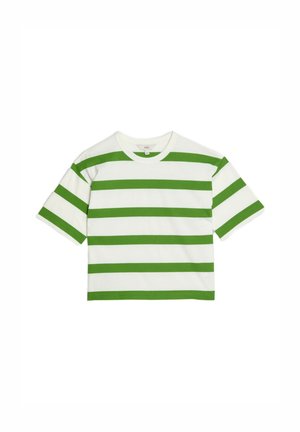 T-shirt a maniche corte a righe verdi e bianche, con scollatura rotonda e vestibilità ampia. Realizzato in cotone, presenta ampie righe orizzontali.