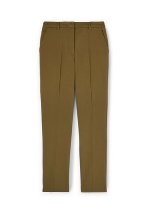 Braune maßgeschneiderte Hose mit geradem Schnitt, zweiFronttaschen und einem glatten, strukturierten Stoff mit sichtbaren Falten.